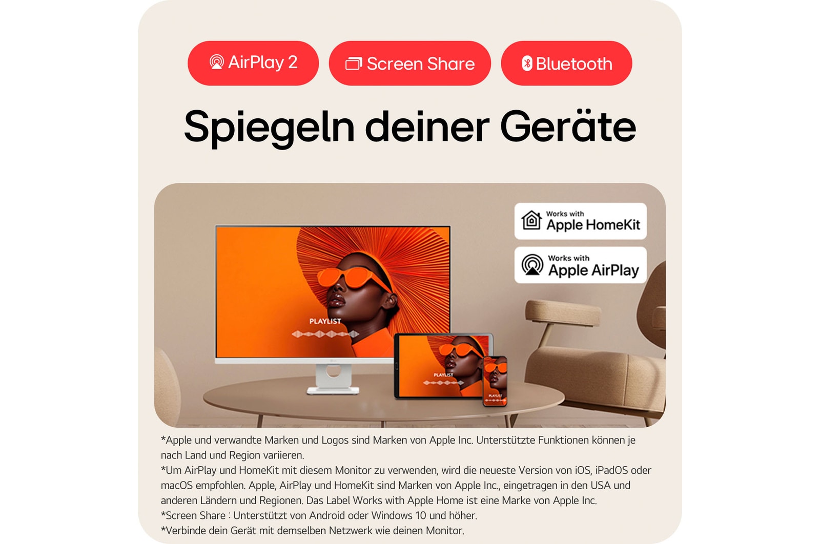 Smart Monitor mit AirPlay 2, Screen Share und Bluetooth-Konnektivität für nahtloses Geräte-Spiegeln und drahtloses Content-Sharing zwischen Apple-Geräten.