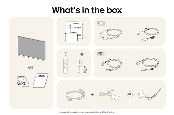 Smart Monitor-Paketinhalt mit Monitorpanel, Standfuß-Komponenten, Benutzerhandbuch, USB-C-Kabel, HDMI-Kabel und Netzteil für komplette Einrichtung.