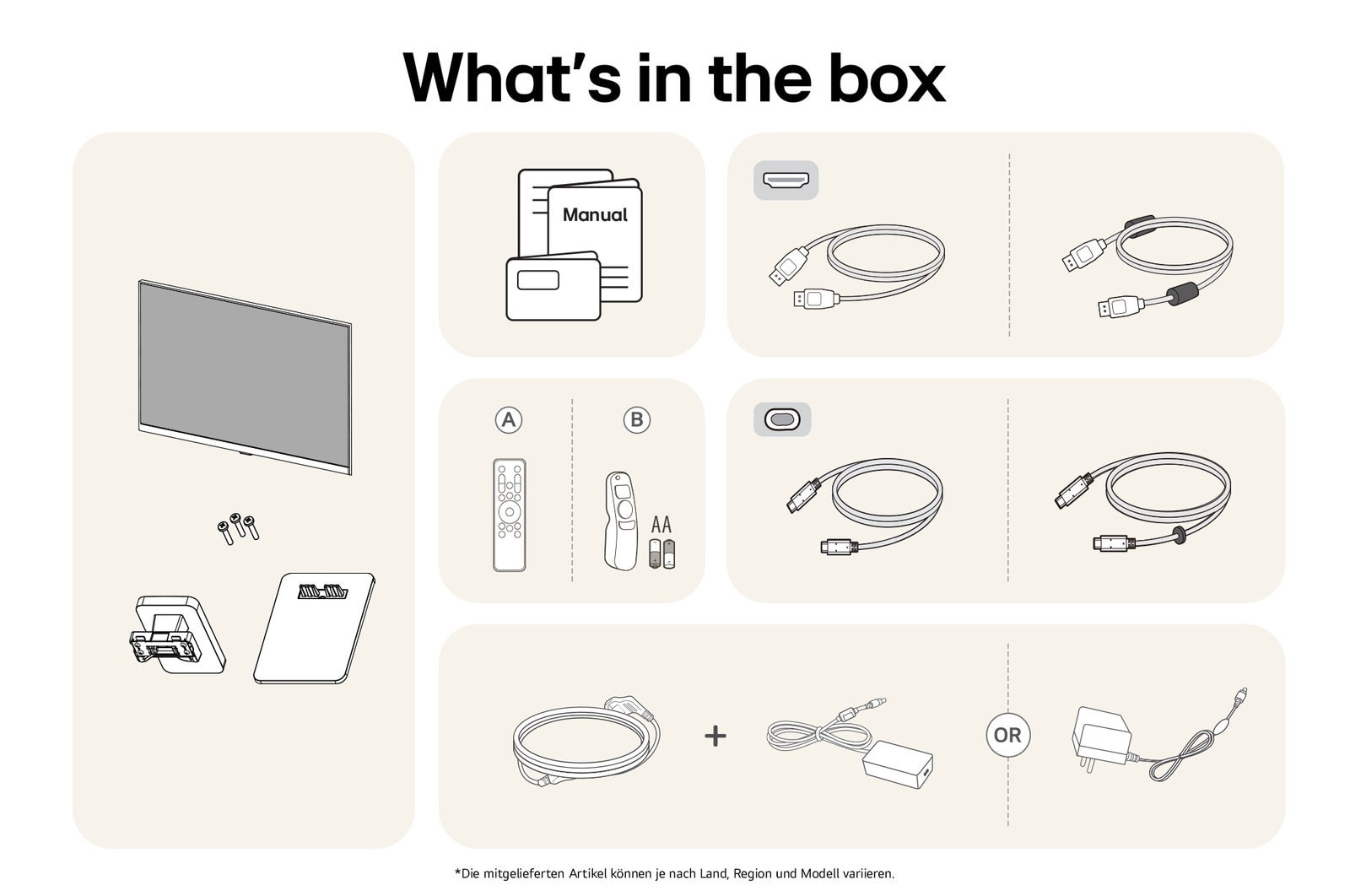 Smart Monitor-Paketinhalt mit Monitorpanel, Standfuß-Komponenten, Benutzerhandbuch, USB-C-Kabel, HDMI-Kabel und Netzteil für komplette Einrichtung.