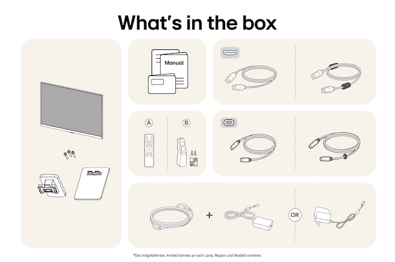 Smart Monitor-Paketinhalt mit Monitorpanel, Standfuß-Komponenten, Benutzerhandbuch, USB-C-Kabel, HDMI-Kabel und Netzteil für komplette Einrichtung.