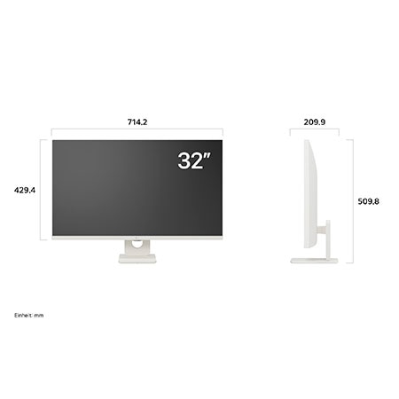 Maßansicht des 32-Zoll Smart Monitors mit exakten Abmessungen 714,2×509,8×209,9mm inklusive ergonomischem Standfuß für optimale Schreibtischplatzierung.