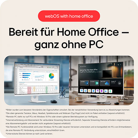 Smart Monitor mit webOS bereit für Home Office ohne PC, mit integrierten Produktivitäts-Apps und drahtloser Konnektivität für nahtlose Remote-Arbeit.
