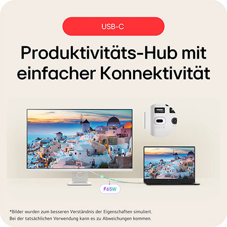 USB-C Produktivitäts-Hub mit 65W Stromversorgung ermöglicht einfache Konnektivität zwischen Laptop und Monitor für optimierten Arbeitsplatz.