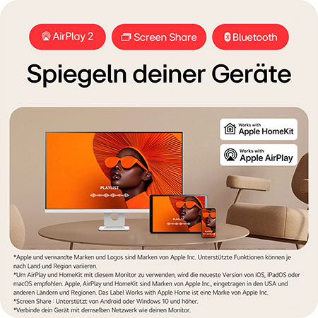 Smart Monitor mit AirPlay 2, Screen Share und Bluetooth-Konnektivität für nahtloses Geräte-Spiegeln und drahtloses Content-Sharing zwischen Apple-Geräten.