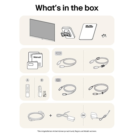 Smart Monitor-Paketinhalt mit Monitorpanel, Standfuß-Komponenten, Benutzerhandbuch, USB-C-Kabel, HDMI-Kabel und Netzteil für komplette Einrichtung.