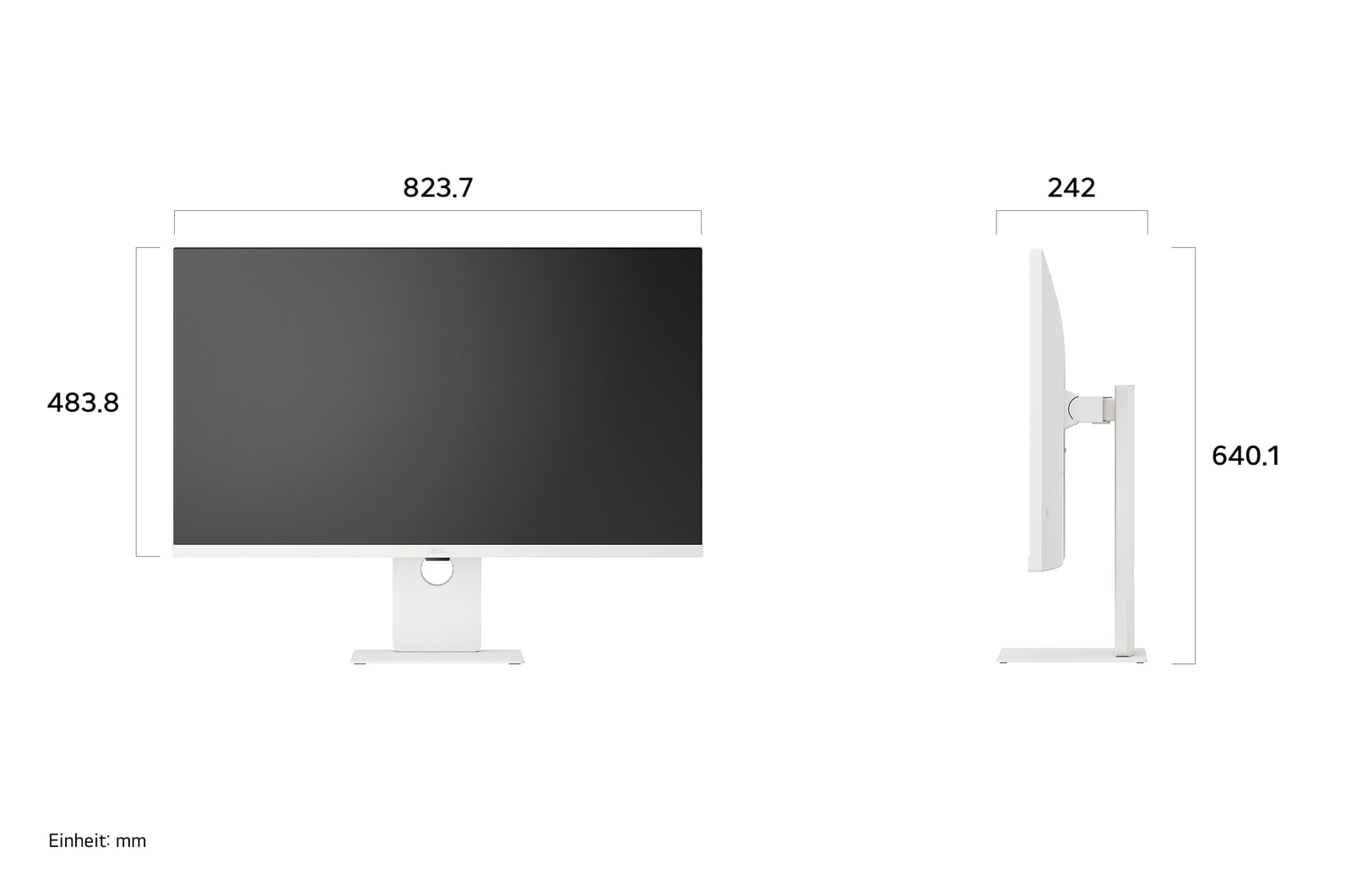 Maßansicht des 37-Zoll Smart Monitors mit exakten Abmessungen 823.7×640.1×242mm inklusive ergonomischem Standfuß für optimale Schreibtischplatzierung.