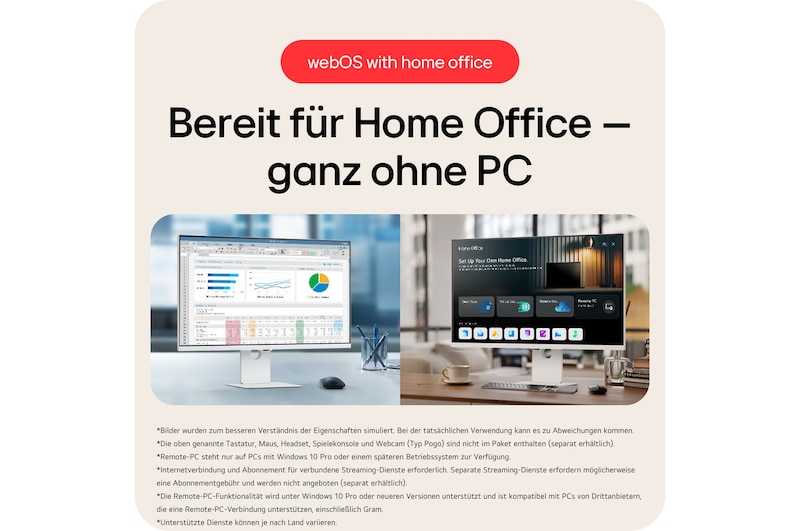 Smart Monitor mit webOS bereit für Home Office ohne PC, mit integrierten Produktivitäts-Apps und drahtloser Konnektivität für nahtlose Remote-Arbeit.