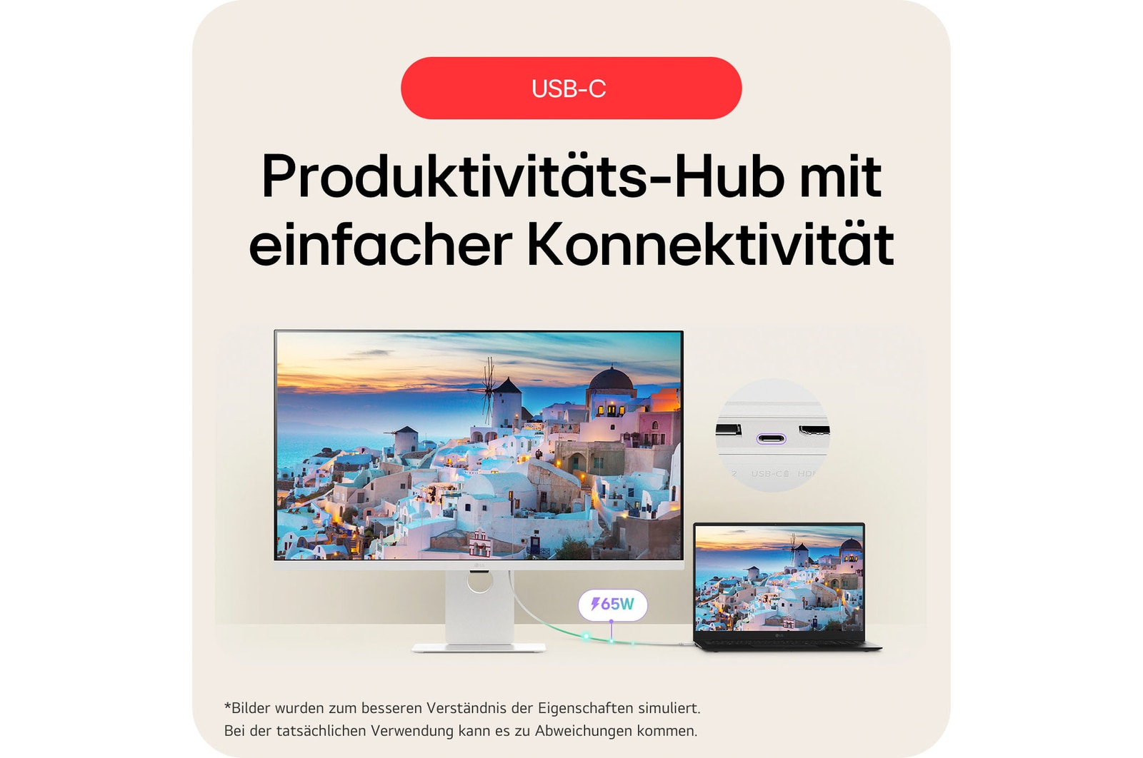 USB-C Produktivitäts-Hub mit 65W Stromversorgung ermöglicht einfache Konnektivität zwischen Laptop und Monitor für optimierten Arbeitsplatz.