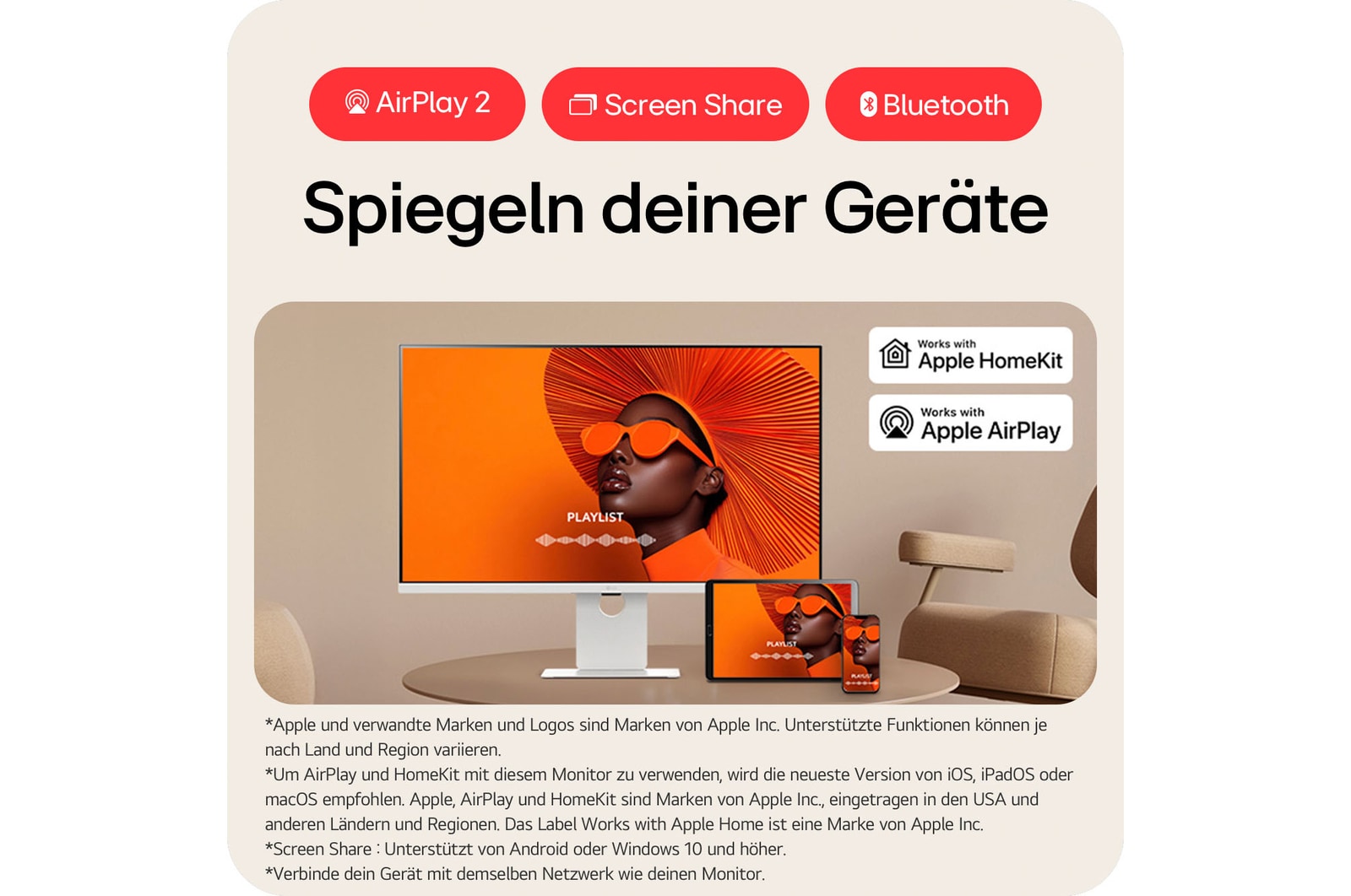 Smart Monitor mit AirPlay 2, Screen Share und Bluetooth-Konnektivität für nahtloses Geräte-Spiegeln und drahtloses Content-Sharing zwischen Apple-Geräten.