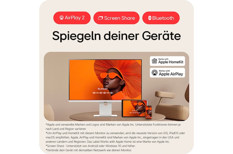 Smart Monitor mit AirPlay 2, Screen Share und Bluetooth-Konnektivität für nahtloses Geräte-Spiegeln und drahtloses Content-Sharing zwischen Apple-Geräten.