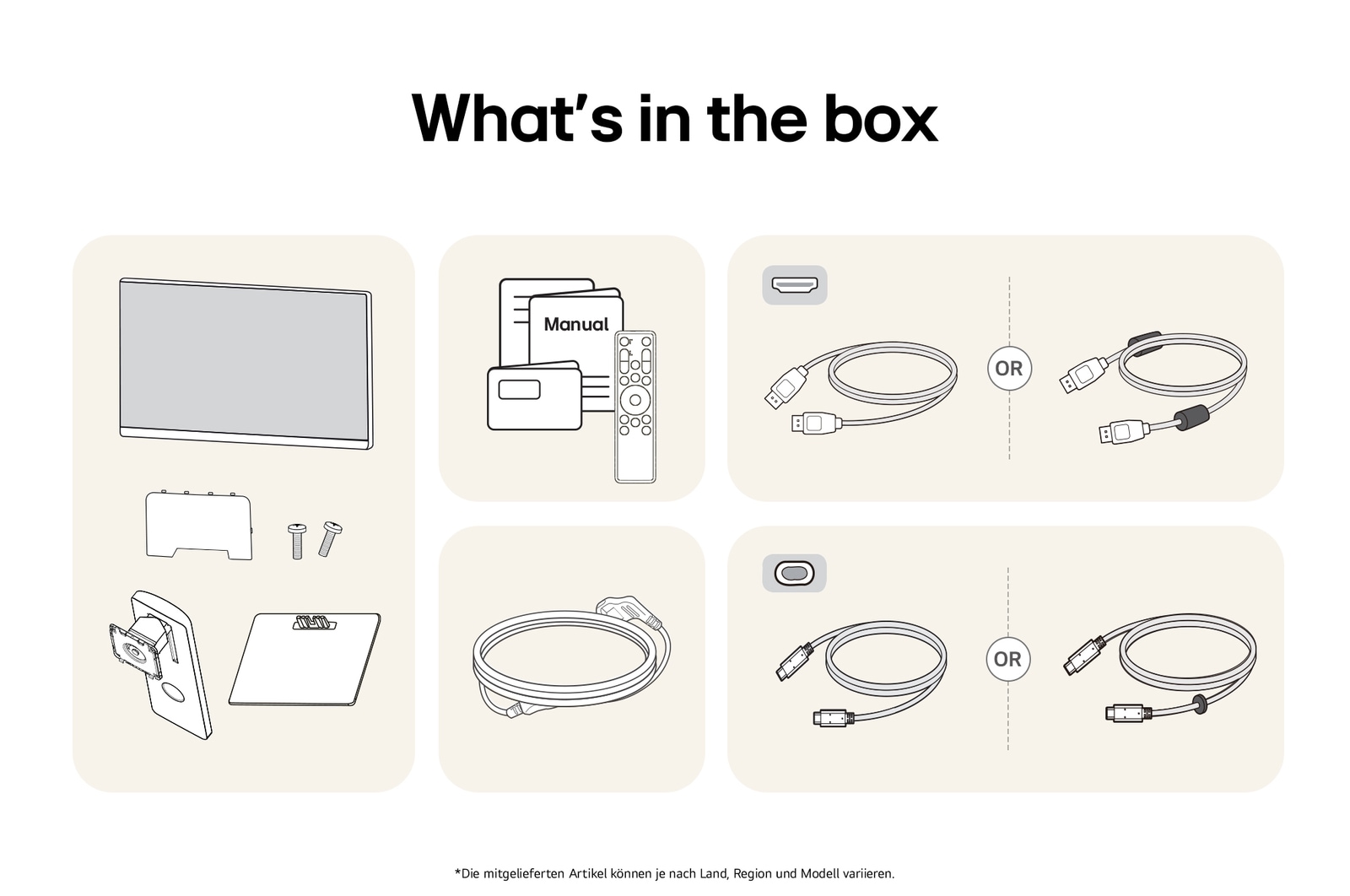 Smart Monitor-Paketinhalt mit Monitorpanel, Standfuß-Komponenten, Benutzerhandbuch, USB-C-Kabel, HDMI-Kabel und Netzteil für komplette Einrichtung.