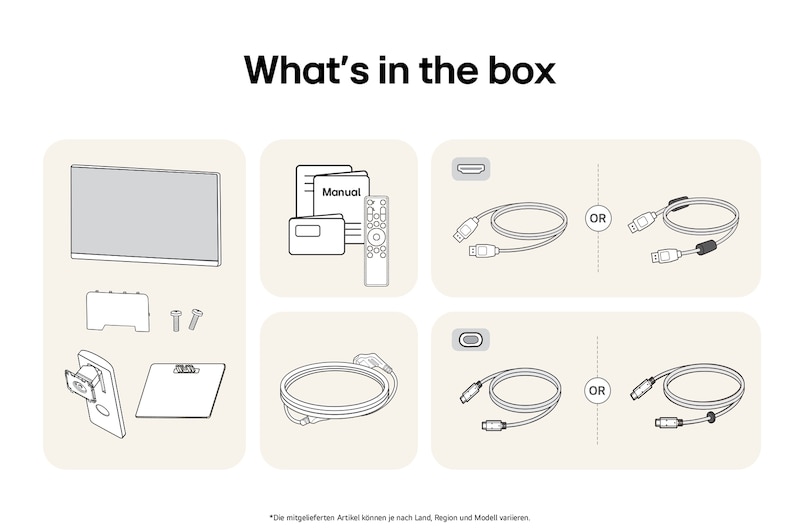 Smart Monitor-Paketinhalt mit Monitorpanel, Standfuß-Komponenten, Benutzerhandbuch, USB-C-Kabel, HDMI-Kabel und Netzteil für komplette Einrichtung.