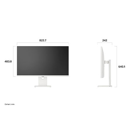 Maßansicht des 37-Zoll Smart Monitors mit exakten Abmessungen 823.7×640.1×242mm inklusive ergonomischem Standfuß für optimale Schreibtischplatzierung.