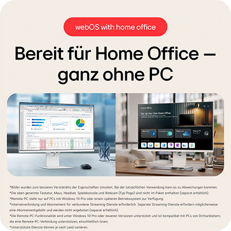 Smart Monitor mit webOS bereit für Home Office ohne PC, mit integrierten Produktivitäts-Apps und drahtloser Konnektivität für nahtlose Remote-Arbeit.