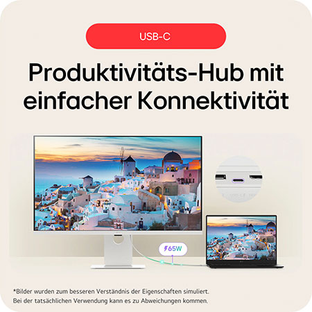USB-C Produktivitäts-Hub mit 65W Stromversorgung ermöglicht einfache Konnektivität zwischen Laptop und Monitor für optimierten Arbeitsplatz.