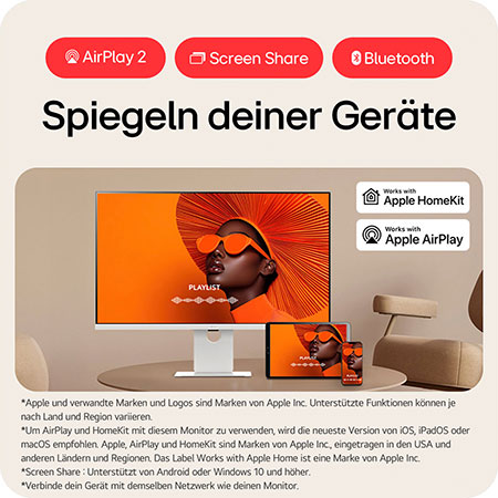 Smart Monitor mit AirPlay 2, Screen Share und Bluetooth-Konnektivität für nahtloses Geräte-Spiegeln und drahtloses Content-Sharing zwischen Apple-Geräten.