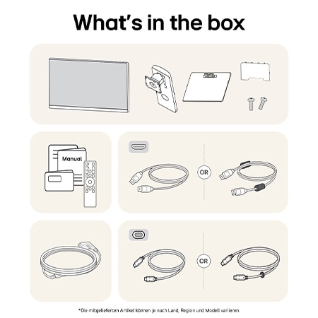 Smart Monitor-Paketinhalt mit Monitorpanel, Standfuß-Komponenten, Benutzerhandbuch, USB-C-Kabel, HDMI-Kabel und Netzteil für komplette Einrichtung.