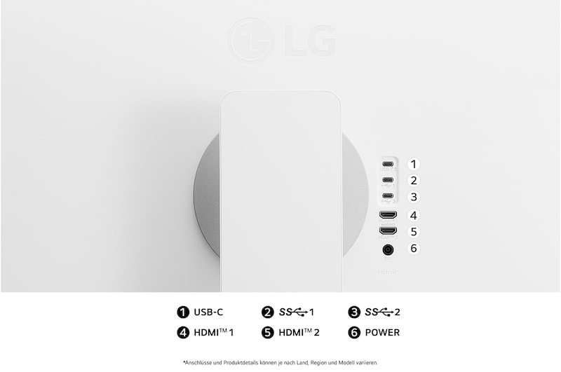 LG Smart Monitor 32-Zoll Anschlüsse auf der Rückseite mit USB-C, doppeltem SuperSpeed USB, doppeltem HDMI und Stromanschluss für umfassende Geräteintegration.