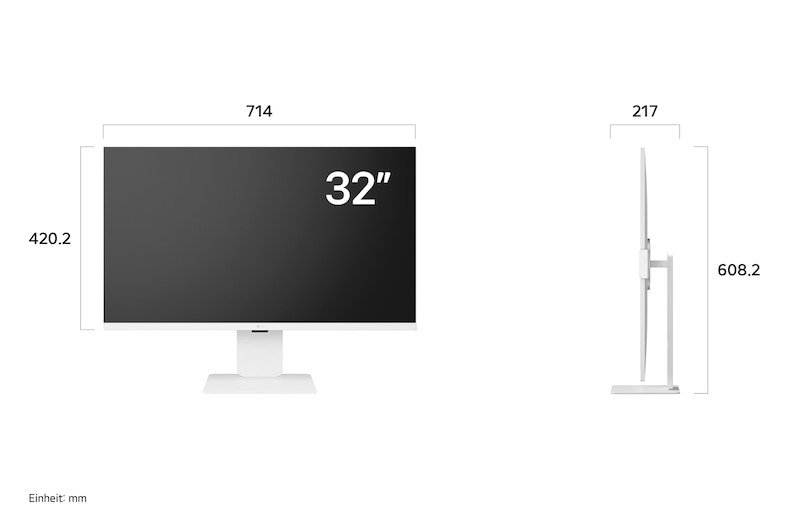 Maßansicht des 32-Zoll Smart Monitors mit Abmessungen 714×608,2×217mm inklusive ergonomischem Standfuß für optimale Arbeitsplatzplanung und Desktop-Integration.