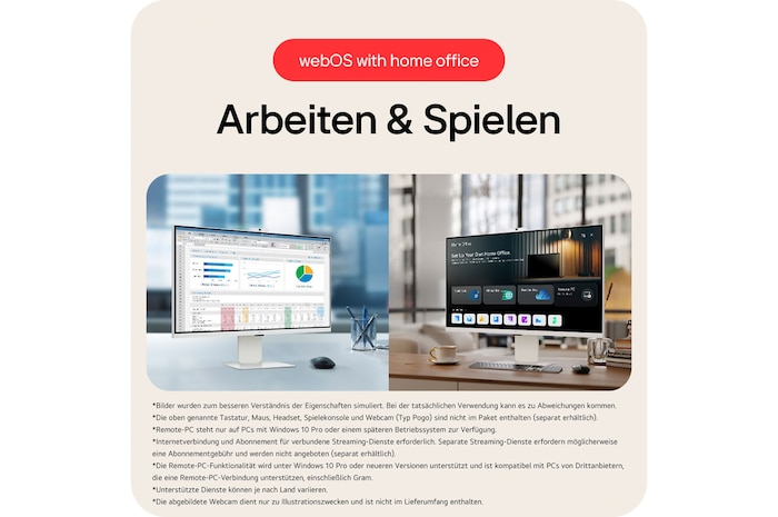 Smart Monitor mit webOS ermöglicht nahtlose Arbeit und Gaming-Erfahrung ohne PC, mit integrierten Produktivitäts-Apps und Entertainment-Streaming-Funktionen.