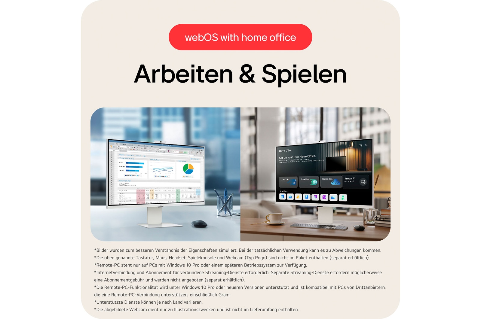 Smart Monitor mit webOS ermöglicht nahtlose Arbeit und Gaming-Erfahrung ohne PC, mit integrierten Produktivitäts-Apps und Entertainment-Streaming-Funktionen.