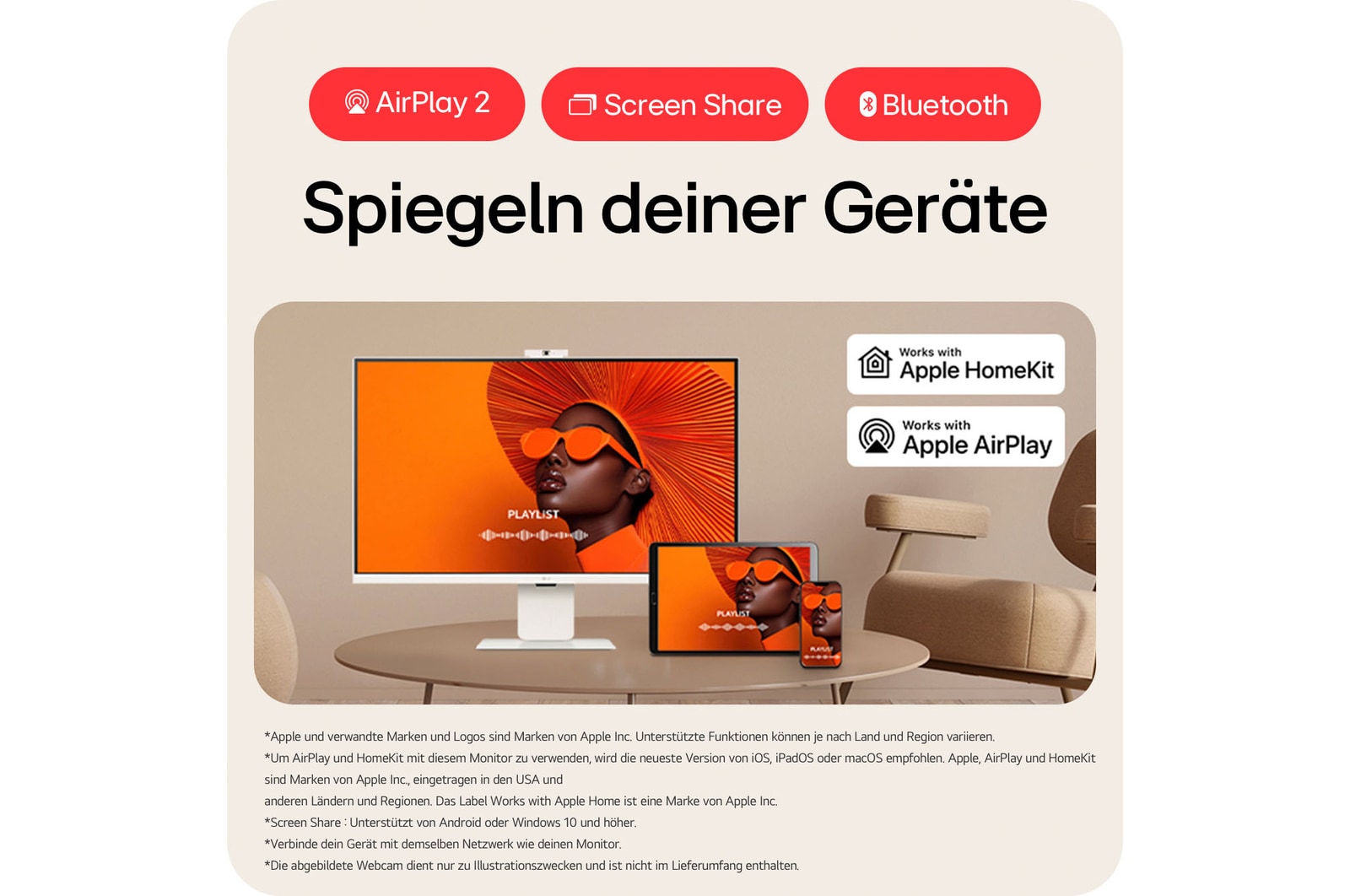 Smart Monitor mit AirPlay 2, Screen Share und Bluetooth für nahtloses Geräte-Spiegeln und drahtloses Content-Sharing mit Apple HomeKit-kompatiblen Geräten.