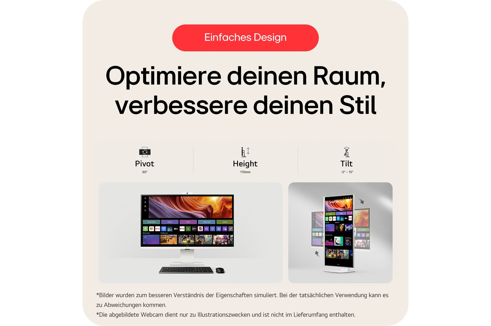Ergonomisches Smart Monitor-Design mit Pivot-, Höhen- und Neigungsverstellung optimiert Arbeitsplatz-Layout und verbessert visuellen Komfort für lange Produktivitätssitzungen.