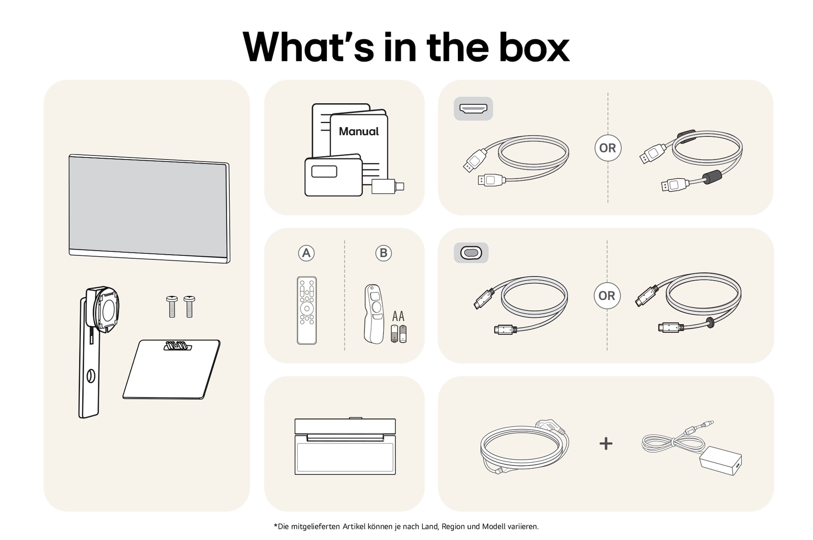 Smart Monitor-Paketinhalt mit Monitorpanel, Fernbedienung, Benutzerhandbuch, USB-C-Kabel, HDMI-Kabel und Netzteil für komplette Einrichtungserfahrung.