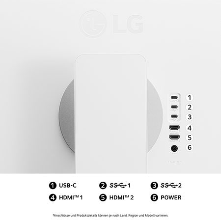 LG Smart Monitor 32-Zoll Anschlüsse auf der Rückseite mit USB-C, doppeltem SuperSpeed USB, doppeltem HDMI und Stromanschluss für umfassende Geräteintegration.