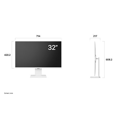 Maßansicht des 32-Zoll Smart Monitors mit Abmessungen 714×608,2×217mm inklusive ergonomischem Standfuß für optimale Arbeitsplatzplanung und Desktop-Integration.