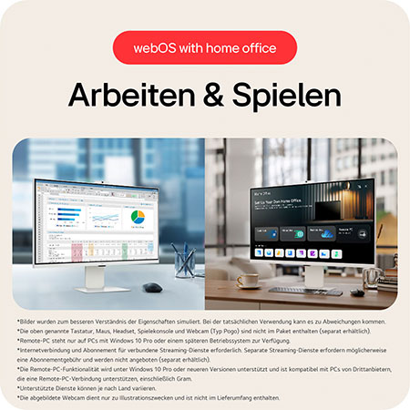 Smart Monitor mit webOS ermöglicht nahtlose Arbeit und Gaming-Erfahrung ohne PC, mit integrierten Produktivitäts-Apps und Entertainment-Streaming-Funktionen.