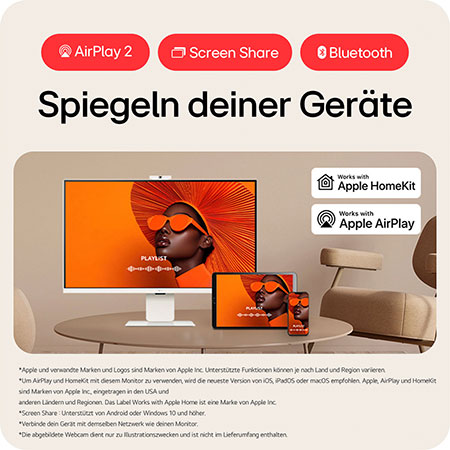 Smart Monitor mit AirPlay 2, Screen Share und Bluetooth für nahtloses Geräte-Spiegeln und drahtloses Content-Sharing mit Apple HomeKit-kompatiblen Geräten.