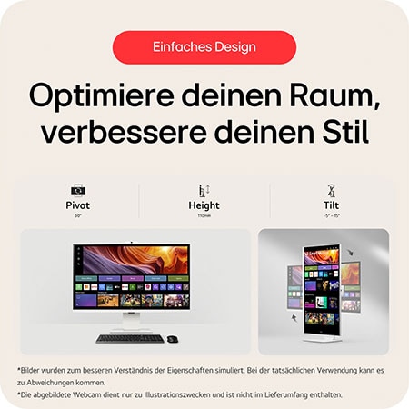 Ergonomisches Smart Monitor-Design mit Pivot-, Höhen- und Neigungsverstellung optimiert Arbeitsplatz-Layout und verbessert visuellen Komfort für lange Produktivitätssitzungen.