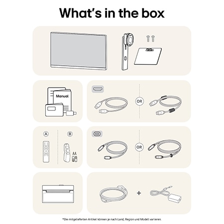 Smart Monitor-Paketinhalt mit Monitorpanel, Fernbedienung, Benutzerhandbuch, USB-C-Kabel, HDMI-Kabel und Netzteil für komplette Einrichtungserfahrung.