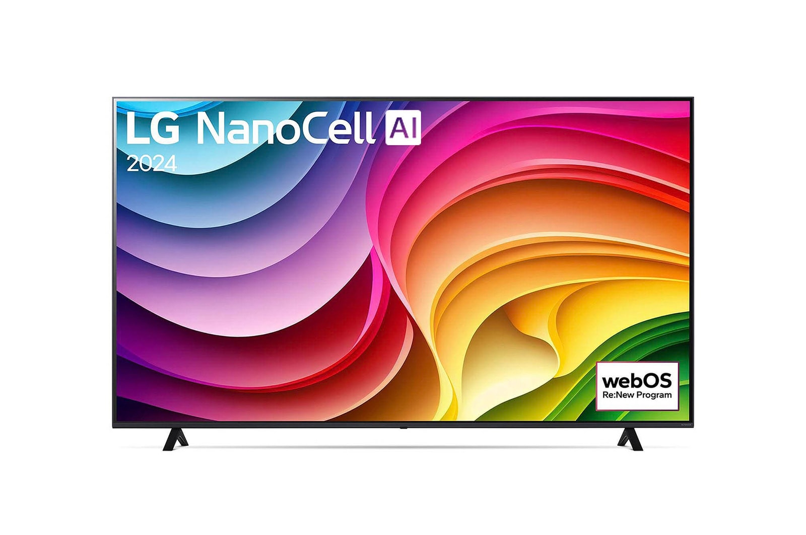 Vorderansicht des LG NanoCell AI NANO82 4K Smart TV 2024 mit eingeschaltetem Display und großem Farbspektrum.