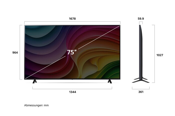 Abmessungen des LG NanoCell AI NANO82 4K Smart TV 2024: Breite 1675 mm, Höhe 1028 mm, Tiefe 362 mm, Bildschirmdiagonale 75 Zoll.
