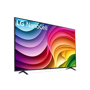 Schrägansicht des LG NanoCell AI NANO82 4K Smart TV 2024 mit scharfem Bildinhalt.
