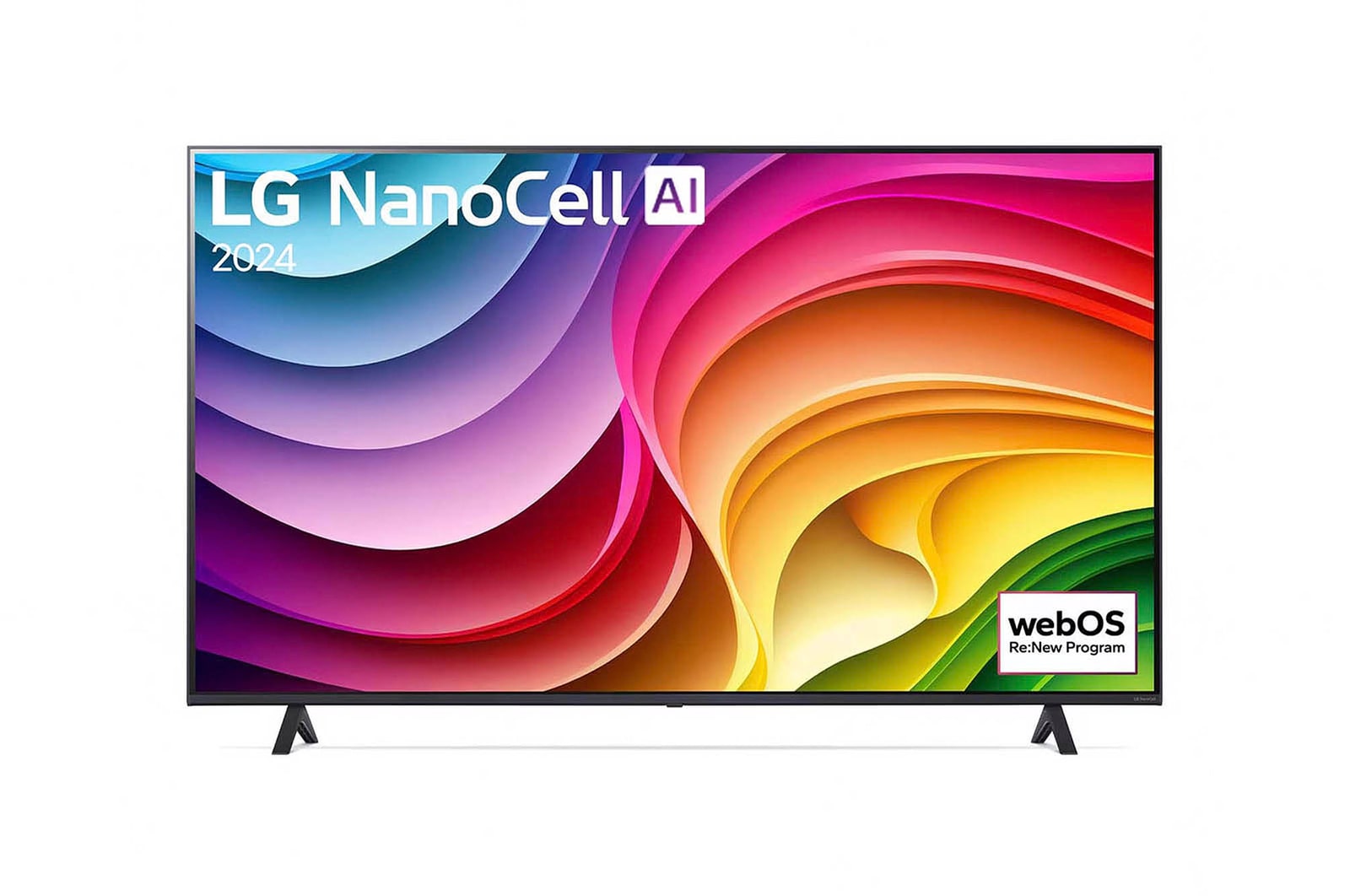 Vorderansicht des LG NanoCell AI NANO82 4K Smart TV 2024 mit eingeschaltetem Display und großem Farbspektrum.