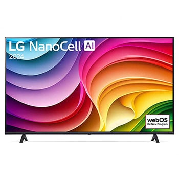Vorderansicht des LG NanoCell AI NANO82 4K Smart TV 2024 mit eingeschaltetem Display und großem Farbspektrum.