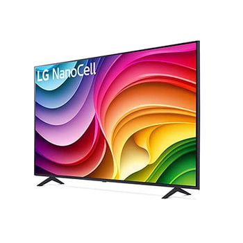 Schrägansicht des LG NanoCell AI NANO82 4K Smart TV 2024 mit aktivem Bildschirm und realitätsnaher Farbwiedergabe.