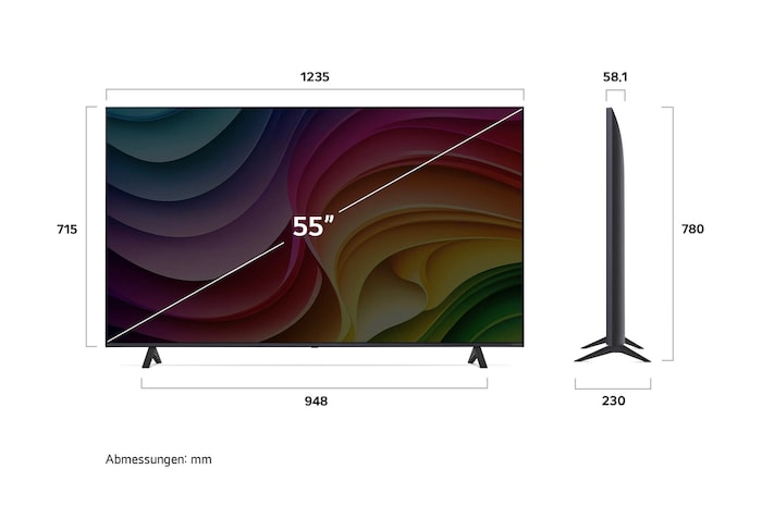 Abmessungen des LG NanoCell AI NANO82 4K Smart TV 2024: Breite 1235 mm, Höhe 780 mm, Tiefe 230 mm, Bildschirmdiagonale 55 Zoll.
