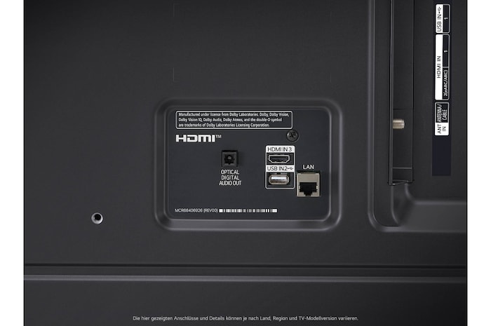 Detailansicht des rückseitigen Anschlussfelds des LG NanoCell AI NANO82 4K Smart TV 2024 mit HDMI-, LAN- und Antennenanschlüssen.