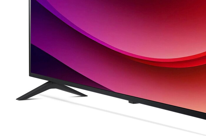 Detailansicht des Standfußes und unteren Bildschirmrahmens des LG NanoCell AI NANO82 4K Smart TV 2024.