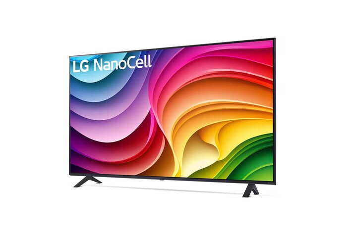 Seitenansicht des LG NanoCell AI NANO82 4K Smart TV 2024 mit beiden Standfüßen sichtbar.