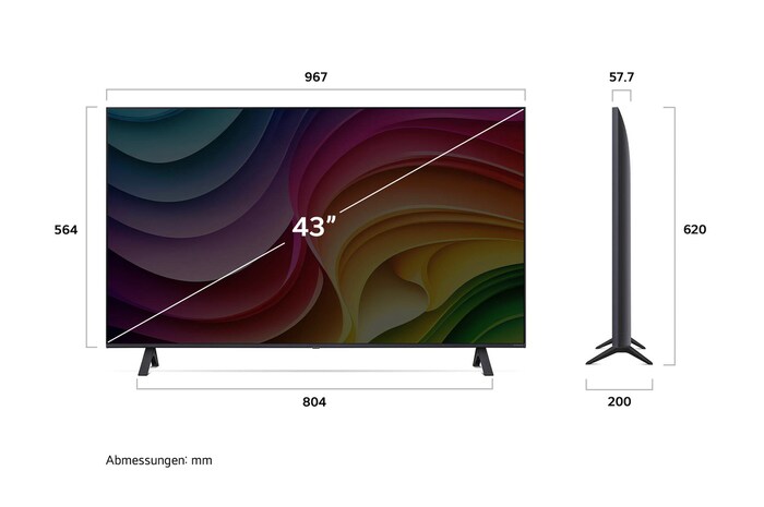 Abmessungen des LG NanoCell AI NANO82 4K Smart TV 2024: Breite 967 mm, Höhe 620 mm, Tiefe 200 mm, Bildschirmdiagonale 43 Zoll.