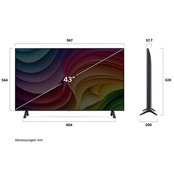 Abmessungen des LG NanoCell AI NANO82 4K Smart TV 2024: Breite 967 mm, Höhe 620 mm, Tiefe 200 mm, Bildschirmdiagonale 43 Zoll.