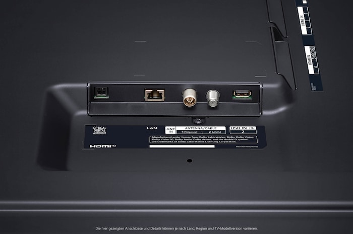 Rückseitige Anschlussübersicht des LG NanoCell AI NANO81 4K Smart TVs mit optimiertem Zugang zu HDMI, LAN und Antenne.