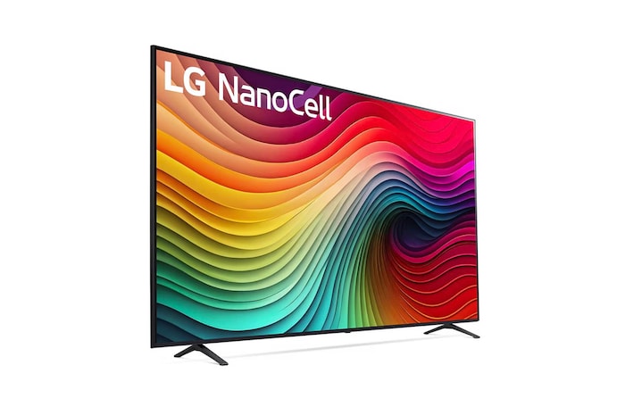 Schrägansicht des LG NanoCell AI NANO81 4K Smart TVs mit RGB-Farbdarstellung und rechteckiger Rahmenform.