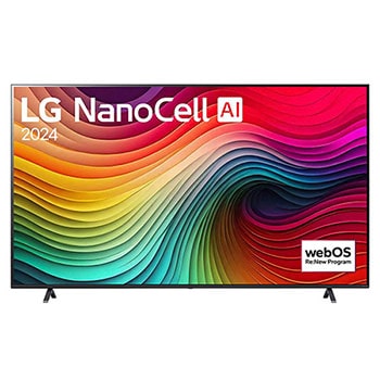 Vorderansicht des LG NanoCell AI NANO81 4K Smart TVs mit 4K-Auflösung, großem Display und Standfuß mit breitem Abstand.