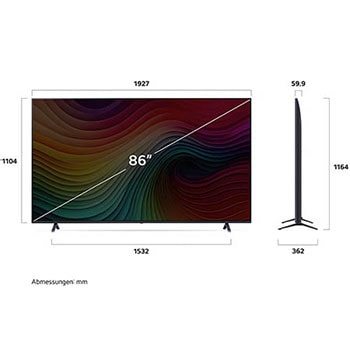 Abmessungen des LG NanoCell AI NANO81 4K Smart TVs: Breite 1927 mm, Höhe 1164 mm, Tiefe 362 mm, Bildschirmdiagonale 86 Zoll.